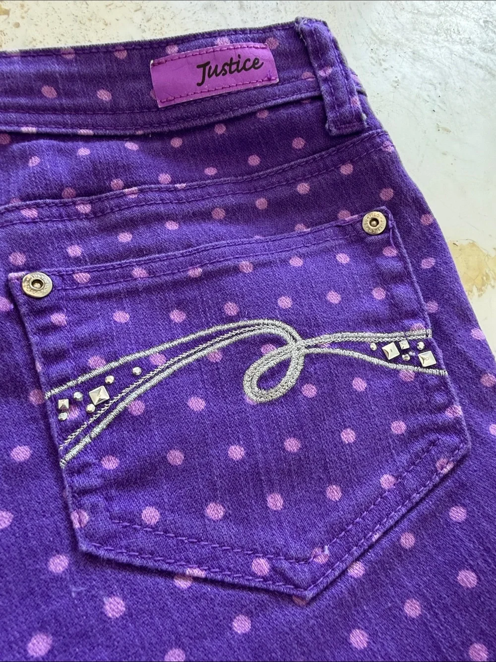 Justice Girls Purple Polka Dot Bedazzled Pocket Shorts Size 14 Regular